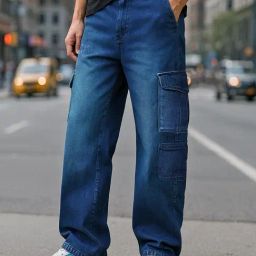 Bewakoof Men's Blue Baggy Fit Washed Cargo Mid-Rise Jeans-picture-37