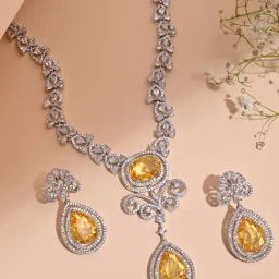 Fida Silver Yellow Luxurious Oval American Diamond Party Jewellery Set-80