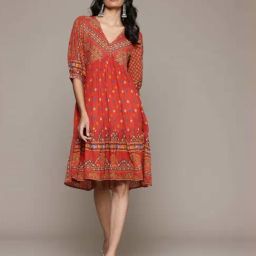 AARKE RITU KUMAR Orange Printed A-Line Dress-image-73