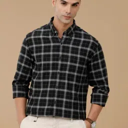 Linen Club Black Linen Blend Slim fit Checks casual shirts-image-93