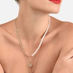 Zaveri Pearls Gold Tone 3 layers Contemporary Pearl Embellished Necklace & Earring Set-ZPFK11526-85