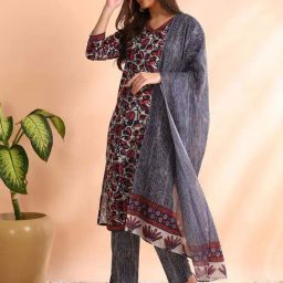Vaamsi Grey & Black Printed Kurta & Pant Set With Dupatta-image-62
