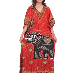 Exotic India Kaftan with Printed Elephant and Dori at Waist-picture-5