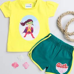 Bumzee Kids Yellow & Green Printed T-Shirt with Shorts-picture-13