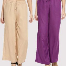 TWIN BIRDS Beige & Purple Mid Rise Palazzos - Pack Of 2-image-83