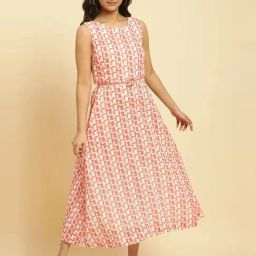 W Off-White & Pink Cotton Printed Maxi Dress-image-50