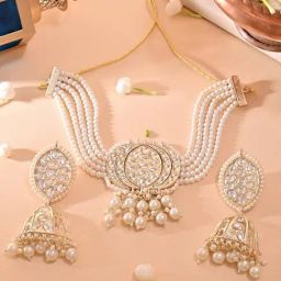 Fida Gold And White Pearl Kundan Choker with Jhumki Earrings Jewellery Set-11
