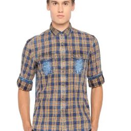 Basics Khaki & Blue Cotton Slim Fit Checks Shirt-picture-34