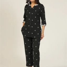 Mustard Black & White Cotton Embroidered Shirt-picture-4