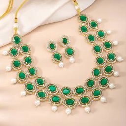 Peora Gold Plated Green Cubic Zirconia Synthetic Stone Necklace & Earrings Set-5