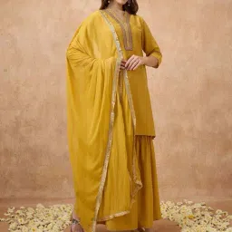 Globus Women Yellow Sequin Lace Detail V-Neck Straight Kurta With Sharara & Dupatta Festive Set-picture-22