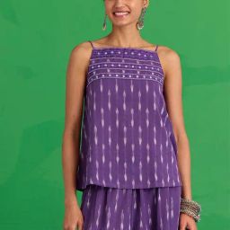 Okhai Purple Mulberry Hand-Embroidered Mirrorwork Pure Cotton Ikkat Purple Top-picture-18