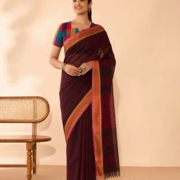Taneira Dark Purple Cotton Printed Saree With Unstitched Blouse-picture-26