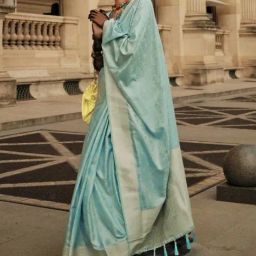 Odette Blue Silk Blend Woven Saree With Unstitched Blouse-image-10
