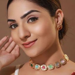 Priyaasi Round Multicolor Stone Studded Gold-Plated Choker Jewellery Set-44