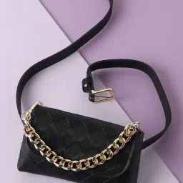 HauteSauce Black Textured Medium Waist Belt Pouch with Chain-picture-10