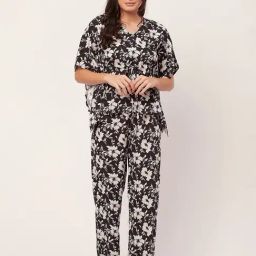 Moomaya Black & White Floral Print Kaftan Top With Pyjamas-image-61