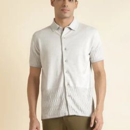 ANDAMEN Off White Regular Fit Textured Cotton Shirt-picture-2