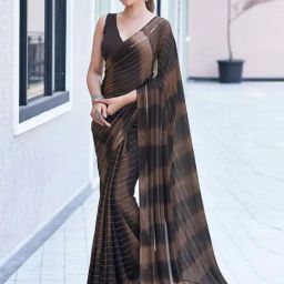 Satrani Brown Striped Saree With Unstitched Blouse-image-3