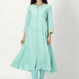 Saffron Threads Sea Green Floral Print A Line Kurta-image-19