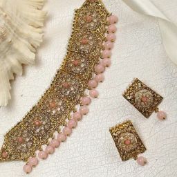 Priyaasi Gold-Plated Stones Studded Floral Patterned Choker Set with Beads Drop in Pink Color-image-8