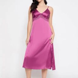 Clovia Pink Satin Solid Long Night Dress-image-47
