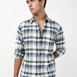 Bewakoof Men's White & Green Checked Shirt-picture-2