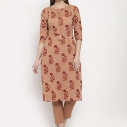 Indibelle Peach Cotton Floral Print Straight Kurta-image-57