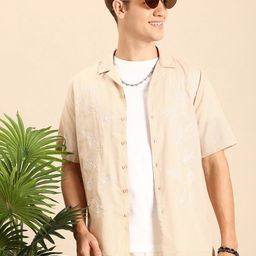 Mast & Harbour Pure Cotton Floral Embroidered Cuban Collar Relaxed Fit Casual Shirt-image-40
