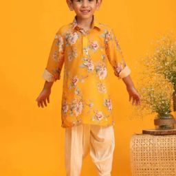 VASTRAMAY Boys Yellow Floral Full Sleeves Kurta Sets-image-99