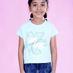 Kiddopanti Girls Aqua Blue Cotton Regular Fit Printed Crop Top-image-42