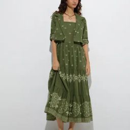 Bombay Paisley by Westside Olive Floral Cotton Tiered Dress with Jacket-picture-21