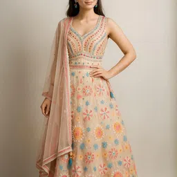 Silakaari Women Heavy Embroidery Mirror Thread Work Unstitched Lehenga Sharara Set-picture-35