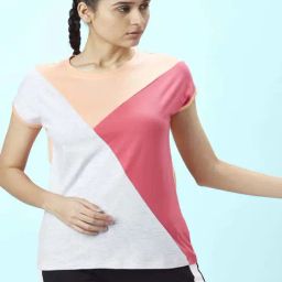 Ajile by Pantaloons Grey & Peach Cotton Color-Block Sports T-Shirt-image-5