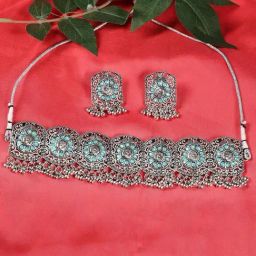 Aatmana Blue Stones Studded Silver-Plated Set Necklace & Earring Set-image-27