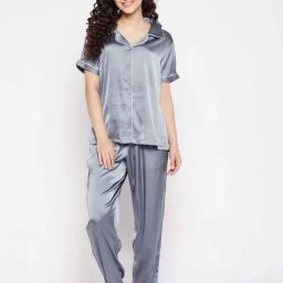 Clovia Grey Notched Lapel Shirt Pyjamas Set-image-13