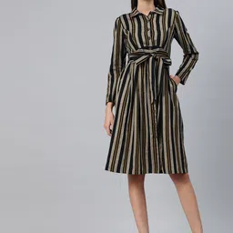 Cottinfab Striped Shirt Dress with Tie-Up Detail-image-82