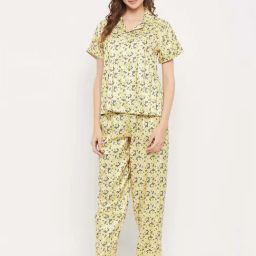 Clovia Yellow Floral Print Shirt Pyjamas Set-picture-48