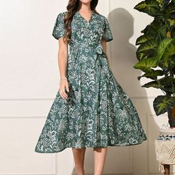 KALINI Floral Print Flared Sleeve Midi Dress-image-82