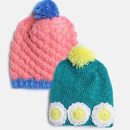 CHUTPUT Kids Set of 2 Peach-Coloured & Sea Green Crochet Beanie-14