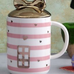 A Vintage Affair Cute Striped Mug with Bow Lid Pink Golden - 350 ml-picture-22