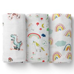 Moms Home Organic Cotton Baby Muslin Swaddle Unicorn, Rainbow & Dinosaur Pack of 3 - Multicolour-image-28