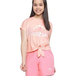 Lil Tomatoes Half Sleeves Disney Minnie You Go Girl Printed Front Tie Up Night Suit - Pink-image-54