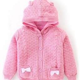 Babyhug Full Sleeves Hooded Sweater Cable Knit Design With Sequin Bow Detailing- Pink-image-18