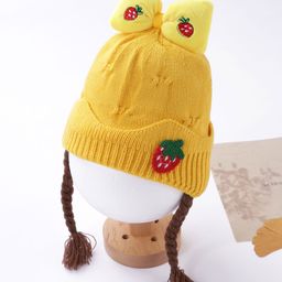 Babyhug Bow Acrylic Woollen Cap Strawberry Applique Small Size - Yellow-image-20