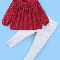 Babyhug 100% Cotton Knit Full Sleeves Top and Legging Polka Dot Print - Maroon & Grey-image-67