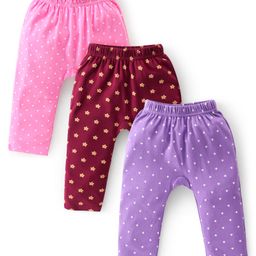 Babyhug Cotton Knit Full Length Diaper Leggings Floral Printed Pack of 3 - Pink Maroon & Purple-image-64