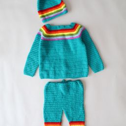 Woonie Full Sleeves  Rainbow Theme Designed Sweater and Pant Set With Cap - Green-picture-44