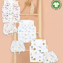 Mom's Home Pack Of 3 Organic Cotton Muslin Sleeveless Baby Animals Printed Jhablas with Coordinating Nappy Set - Yellow & White-27