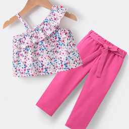 Kookie Kids One Shoulder Sleeves Floral Printed Top & Pants Set - Fuchsia-image-34
